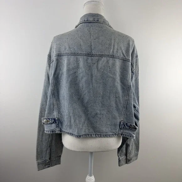 ZARA Women's Denim Jacket XXL‎ Blue Studded Rhinestone Embellished NWT - Picture 2 of 12